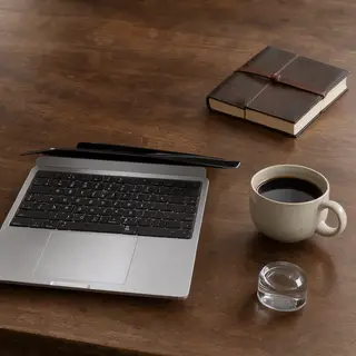 A workspace desk with a brushed aluminum laptop, a leather-b