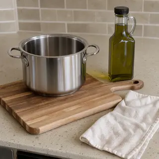 A kitchen counter with a stainless steel pot, a wooden cutti