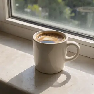 A coffee mug on a sunny windowsill casting a sharp shadow to
