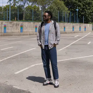 A person standing outdoors at midday with a short shadow dir
