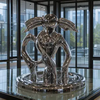 A chrome sculpture in a room with a glass floor and large wi