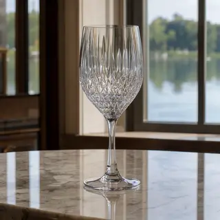 A crystal wine glass on a polished marble counter next to a 