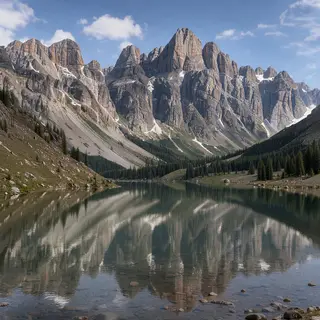 A mountain range reflected in a still alpine lake, with the 
