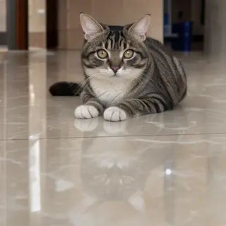 A cat sitting on a polished marble floor with its reflection