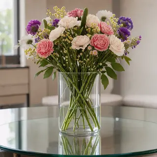 A vase of flowers on a glass table with a clear reflection v