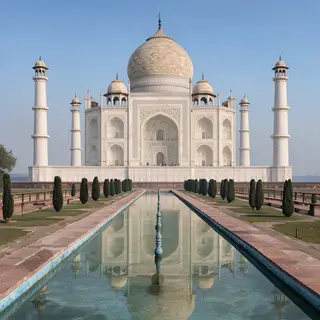 The Taj Mahal in Agra seen from the reflecting pool, with ac