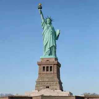 The Statue of Liberty on her island pedestal, with correct t