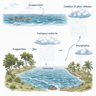 A detailed diagram of the water cycle showing evaporation fr