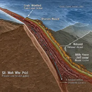 A cross-section showing tectonic plates at a convergent boun