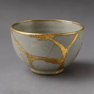 A Japanese kintsugi bowl — cracked ceramic repaired with vis