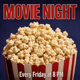 A movie night poster with a large popcorn image in the cente