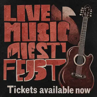 An event poster featuring a guitar illustration, the headlin