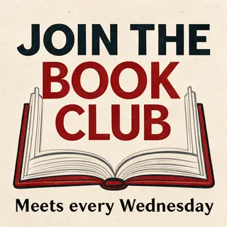 A book club poster with an open book illustration, the title