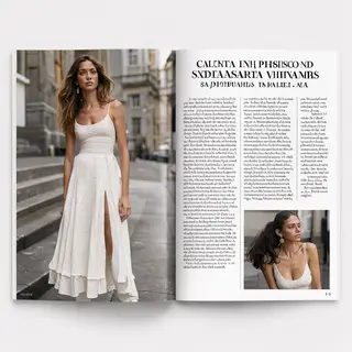A fashion magazine spread with a full-bleed left-page photo,