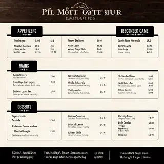 A restaurant menu layout with a logo header, three category 