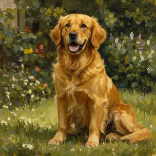 A golden retriever sitting in a garden, painted in the style