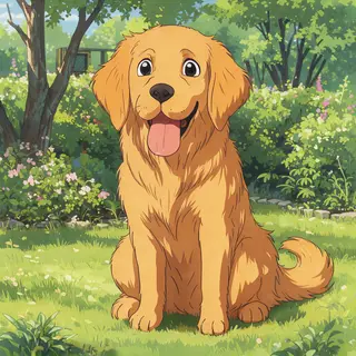 A golden retriever sitting in a garden, rendered in Japanese