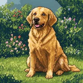 A golden retriever sitting in a garden, rendered in pixel ar