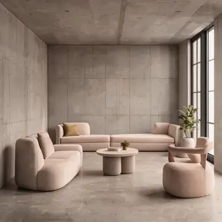 An interior scene rendered in soft brutalism — raw concrete 