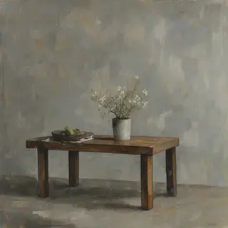 A still life painted in anxious minimalism — sparse composit