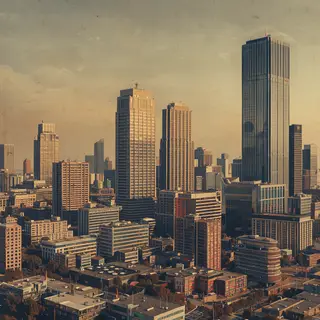 A cityscape rendered in nostalgic futurism — retro-futuristi