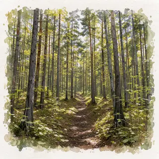 A forest rendered in photorealistic watercolor — the detail 