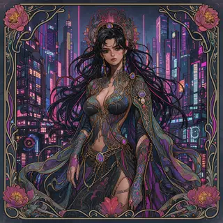 A woman in a futuristic city rendered in cyberpunk Art Nouve