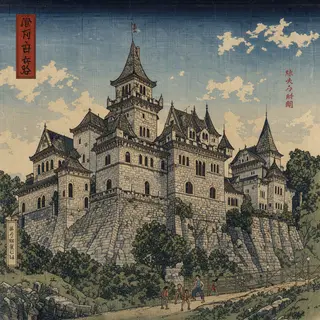 A medieval castle depicted in Japanese ukiyo-e woodblock pri