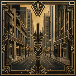 A city street scene in the style of Art Deco — geometric sha