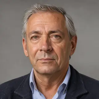 A portrait of a middle-aged man with a calm, serious express