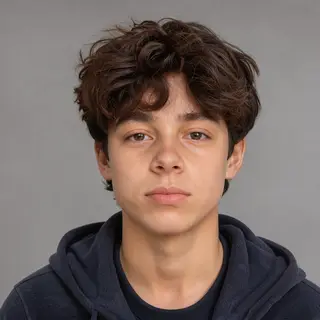 A headshot of a teenager with a relaxed, neutral face