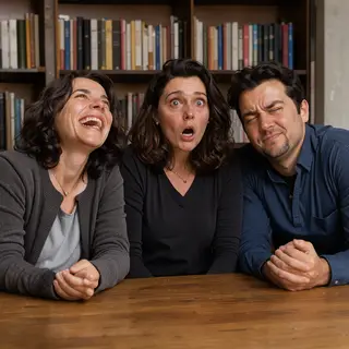 A group of three friends at a table: one laughing with head 