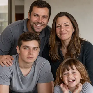 A family photo with four people: a father beaming with pride