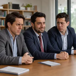 Three coworkers in a meeting: one looking frustrated with fu
