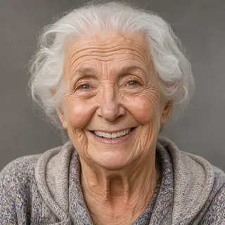 An elderly woman in her 80s with deep wrinkles and white hai