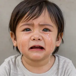 A 5-year-old child with round cheeks and large eyes, crying 