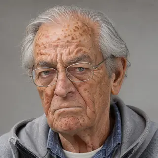 An elderly man in his 70s with age spots and thinning gray h