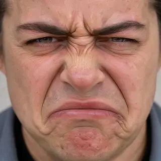 A close-up of a person's face showing clear disgust, nose wr
