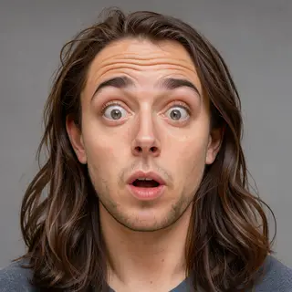 A portrait capturing genuine surprise — raised eyebrows, wid