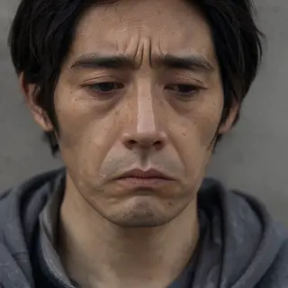 A face showing quiet melancholy — downcast eyes, slightly dr