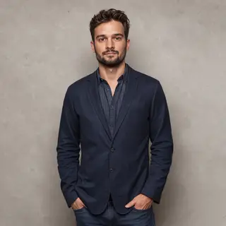 A man standing straight facing the camera, hands in pockets,