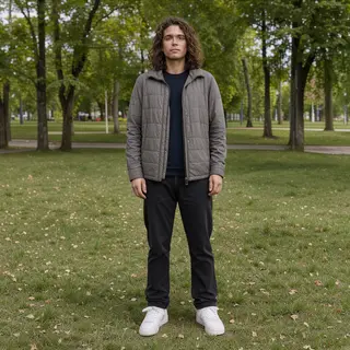 A person standing in a neutral pose in a park, full body vis