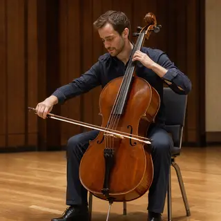 A cellist seated with correct posture, legs around the instr