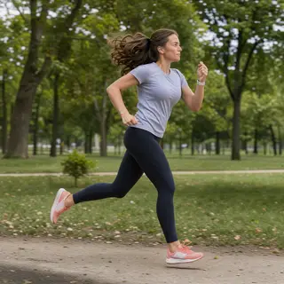 A woman mid-stride running through a park, hair and clothes 