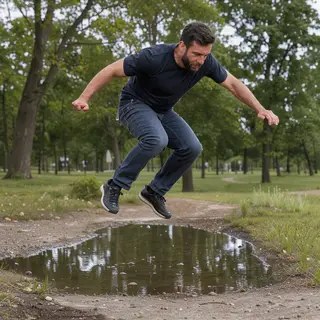 A man captured mid-jump over a puddle, body in the air with 