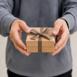 One person handing a small gift box to another person, both 