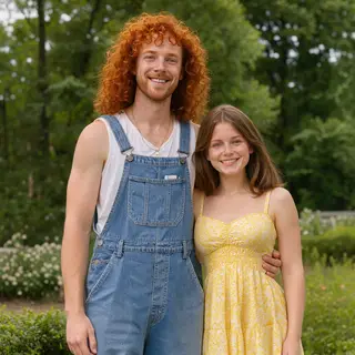 Two friends posing: one tall with curly red hair in denim ov