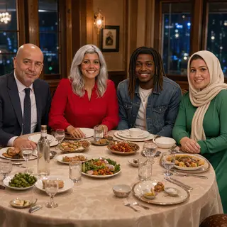Four people at a dinner table: a bald man in a suit, a woman