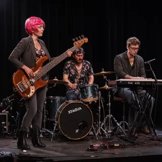 Three musicians on stage: a tall woman with short pink hair 