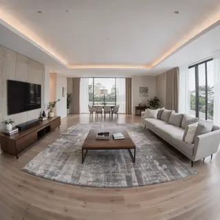 A wide-angle shot of a modern living room interior showing e